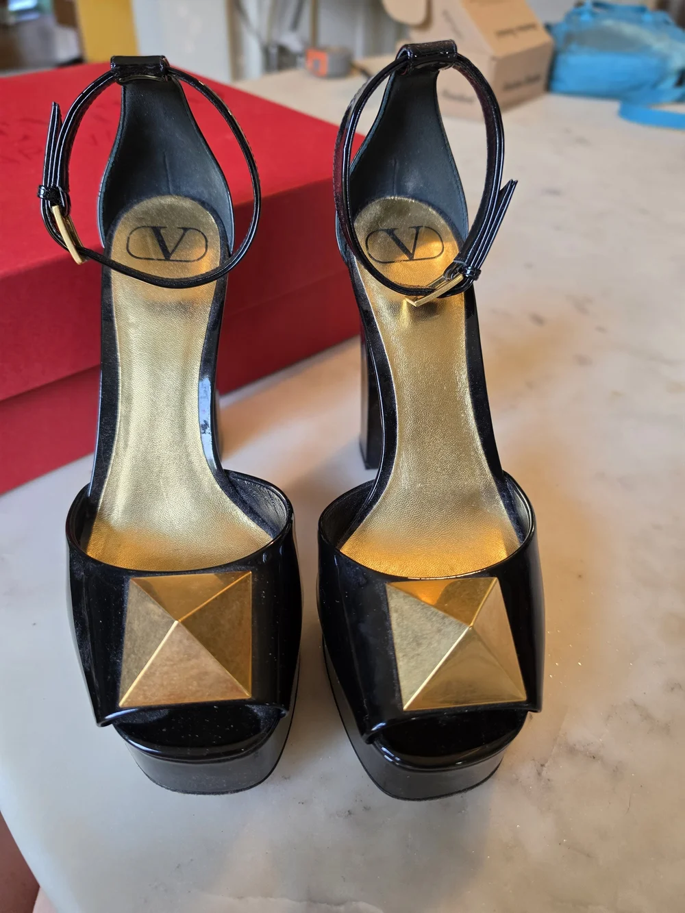 Valentino Garavani One Stud 120mm Platform Sandal with Gold Pyramid Size 38/8